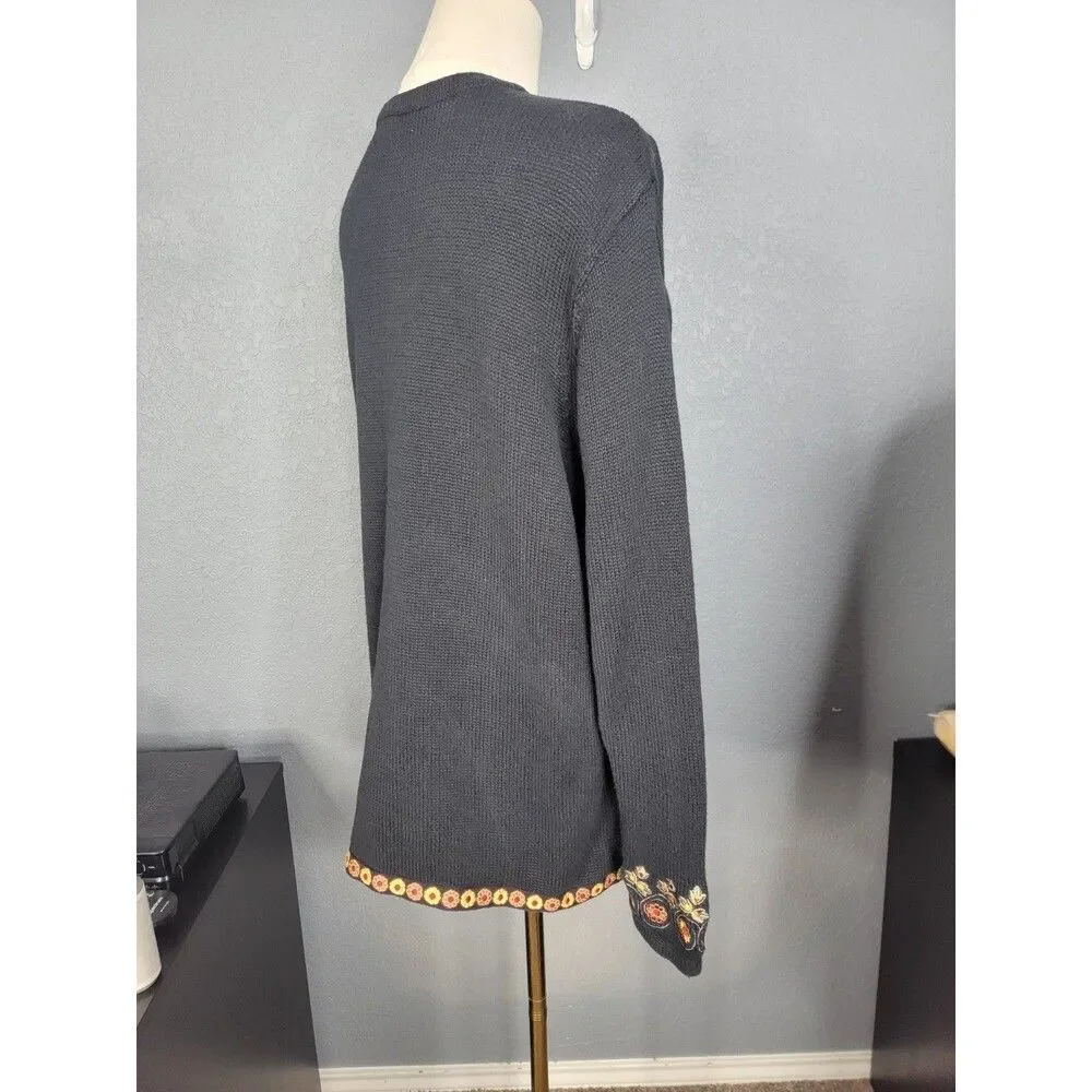 Vtg Bechamel Womens L Black Knit Embroidered Autum Leave Floral Button Cardigan